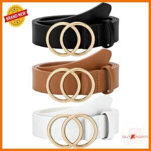 Women's Faux Leather Belt Double O-Ring Buckle Adjustable Waist